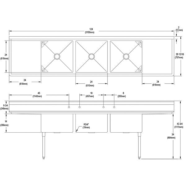 Elkay 14-3C24X24-2-24X Dependabilt Stainless Steel 124" x 29-13/16" x 43-3/4" 16 Gauge Three Compartment Sink w/ 24" Left and Right Drainboards & Stainless Steel Legs