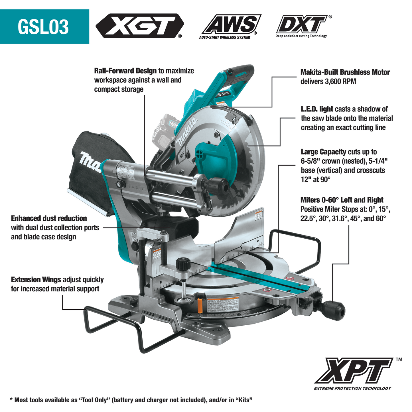 Makita GSL03M1 40V max XGT® Brushless Cordless 10" Dual‘Bevel Sliding Compound Miter Saw Kit, AWS® Capable (4.0Ah)