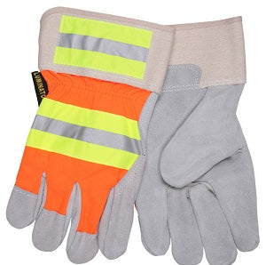 MCR Safety 1440L Luminator® High-Visibility Gloves Split Leather Palm Work Gloves Fluorescent Orange and Lime Back Silver Reflective Stripes 2.5-inch Rubberized Safety Cuff (1 DZ)