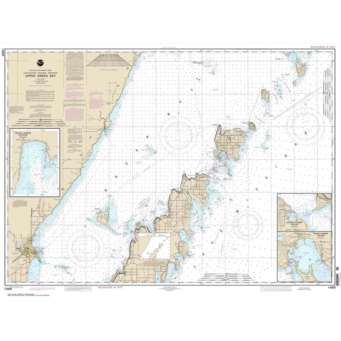 Paradise Clay NO_14909 HISTORICAL NOAA Chart Upper Green Bay - Jackson Harbor and Detroit Harbor;Detroit Harbor;Jackson Harbor;Baileys Harbor