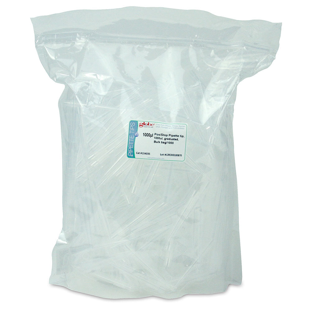 Globe Scientific 154135S PosiStop Pipette tip 1000ul Low-retention Sterile graduated Bulk bag/1000 10 bags/case