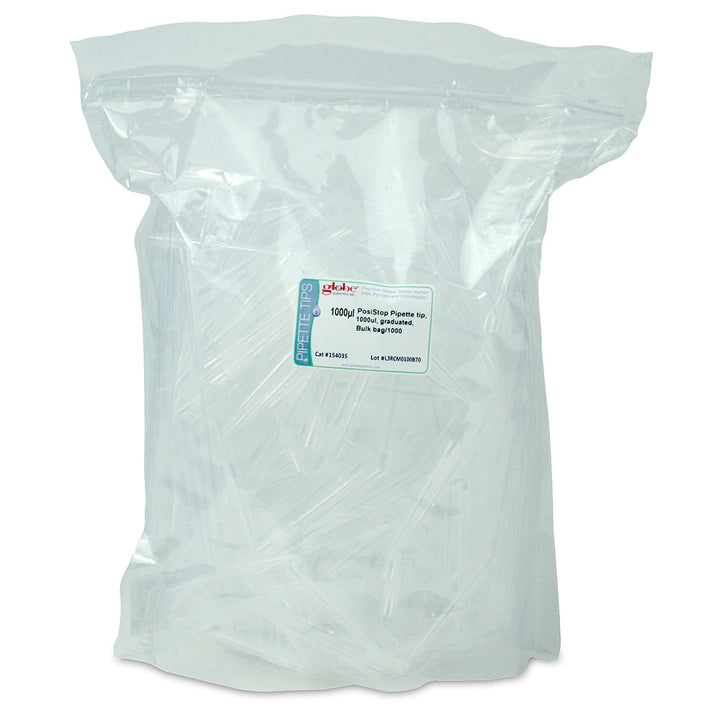 Globe Scientific 154135S PosiStop Pipette tip 1000ul Low-retention Sterile graduated Bulk bag/1000 10 bags/case