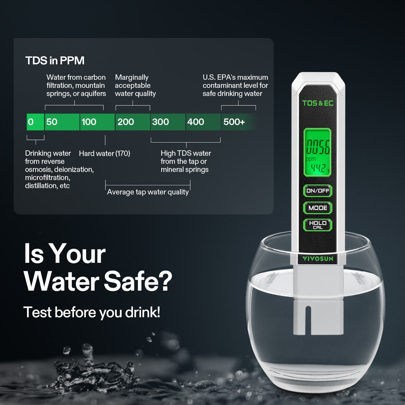 Vivosun 3 in 1 TDS, EC & Temperature Meter, for Drinking Water, Aquarium, Hydroponics, RO/DI System, Swimming Pool