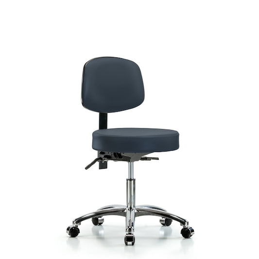 Blue Ridge Ergonomics VMBST-CR-T0-NF-CC-8501 Rutledge Vinyl Stool with Back Chrome - Medium Bench Height with Casters in Adobe White Trailblazer™ Vinyl