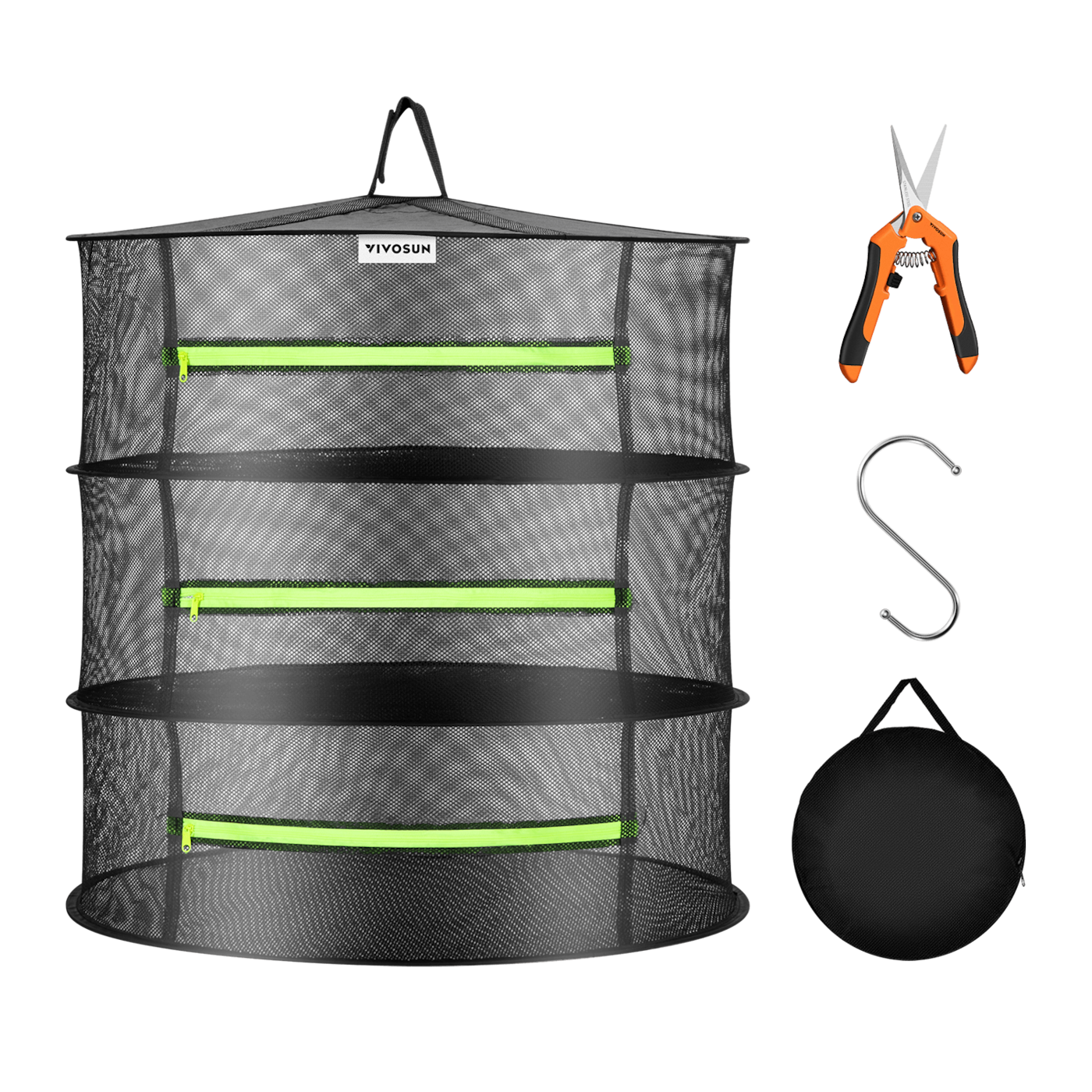 Vivosun 3-Layer Mesh Drying Rack Hanging Design with Green Zippers