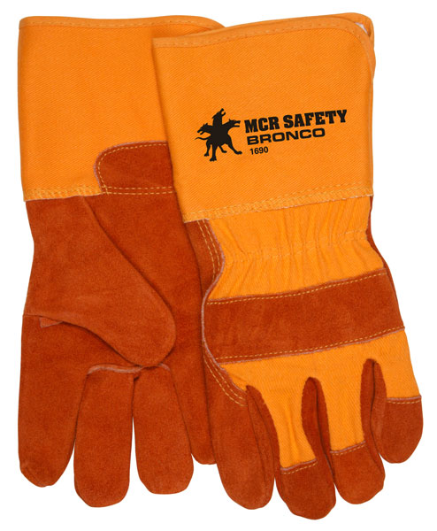 MCR Safety 1690 Bronco® A Select Side Split Leather Leather Palm Work Gloves 4.5 Inch Rubberized Gauntlet Cuff (1 DZ)