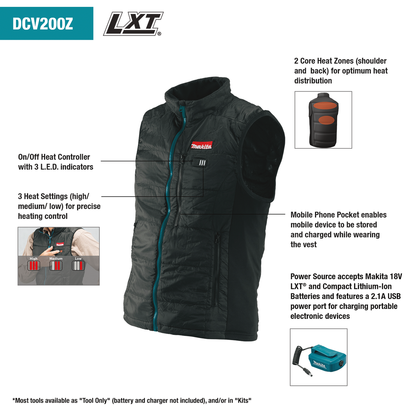 Makita DCV200Z2XL 18V LXT® Lithium‘Ion Cordless Heated Vest, Vest Only (Black, 2XL)