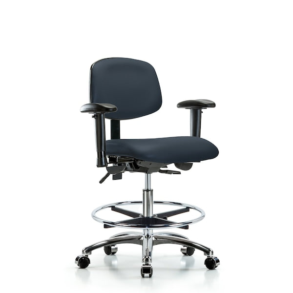Blue Ridge Ergonomics VHBCH-MB-CR-T1-A1-CF-CC-8582 Rutledge Vinyl Chair Chrome - High Bench Height with Medium Back, Seat Tilt, Adjustable Arms, Chrome Foot Ring, & Casters in Imperial Blue Trailblazer™ Vinyl