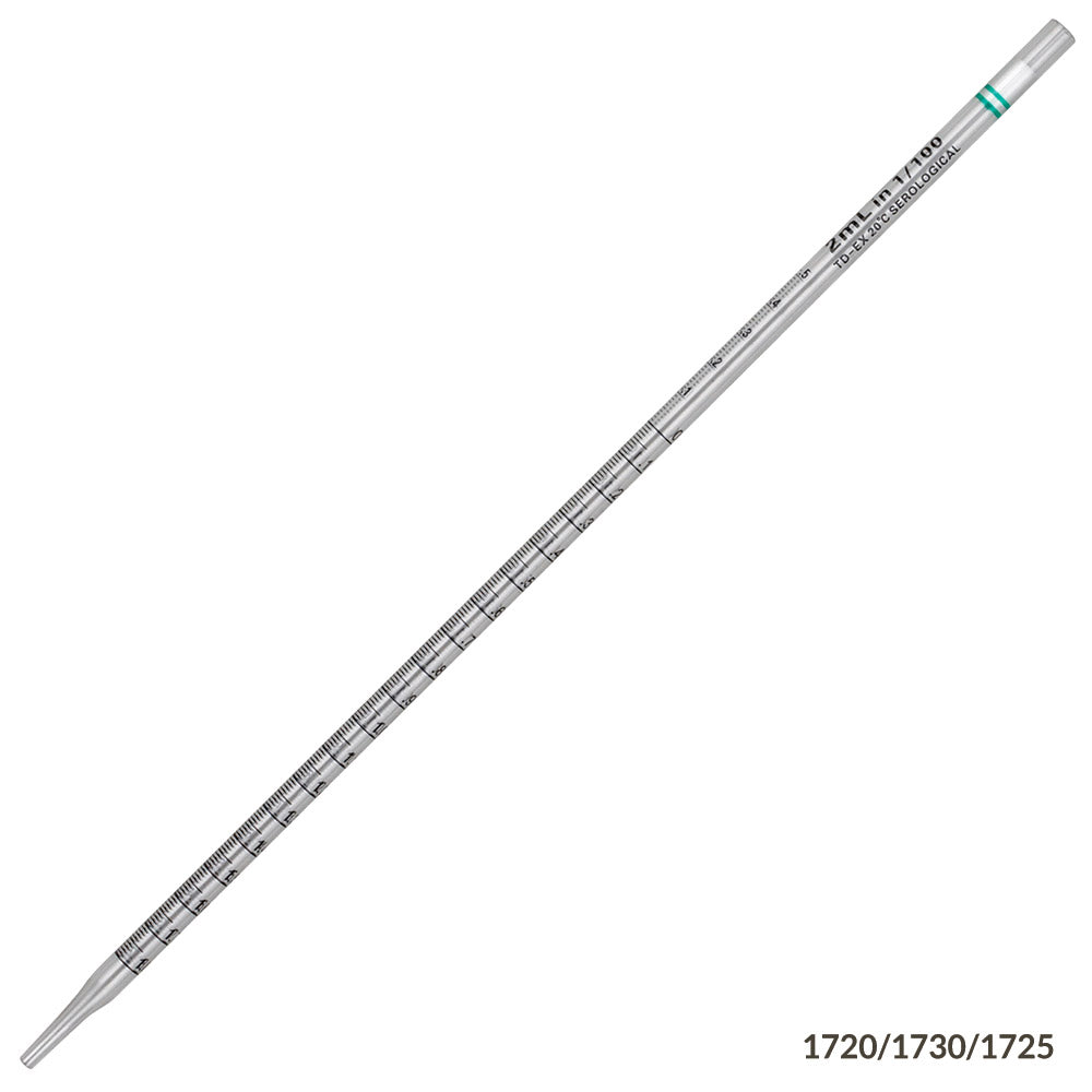 Globe Scientific 1730 Serological Pipette 2mL PS Standard Tip 275mm STERILE Green Band 25/Pack 40 Packs/Unit