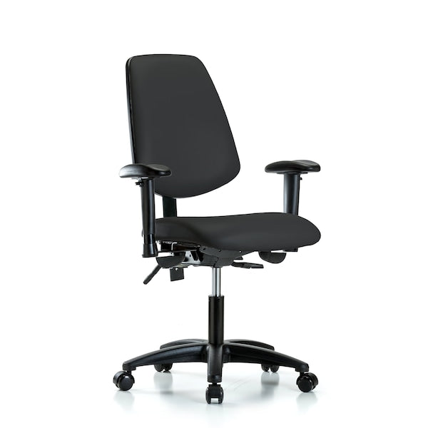 Blue Ridge Ergonomics VDHCH-MB-RG-T0-A1-RC-8540 Rutledge Vinyl Chair - Desk Height with Medium Back, Adjustable Arms, & Casters in Black Trailblazer™ Vinyl