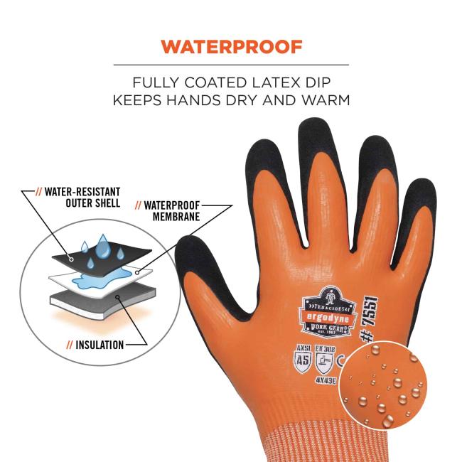 Ergodyne 17995 ProFlex 7551 Coated Cut-Resistant Winter Work Gloves - ANSI A5, EN 388: 4X43E, Waterproof