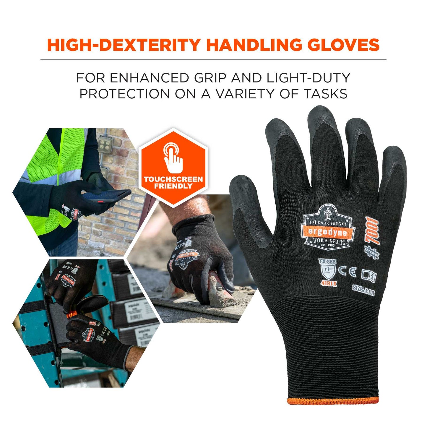 Ergodyne 17851 ProFlex 7001 Nitrile Coated Gloves - Abrasion Resistant, 18g, Dry Grip