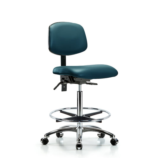 Blue Ridge Ergonomics VHBCH-CR-T0-A0-CF-RG-8801 Rutledge Vinyl Chair Chrome - High Bench Height with Chrome Foot Ring & Stationary Glides in Marine Blue Supernova™ Vinyl