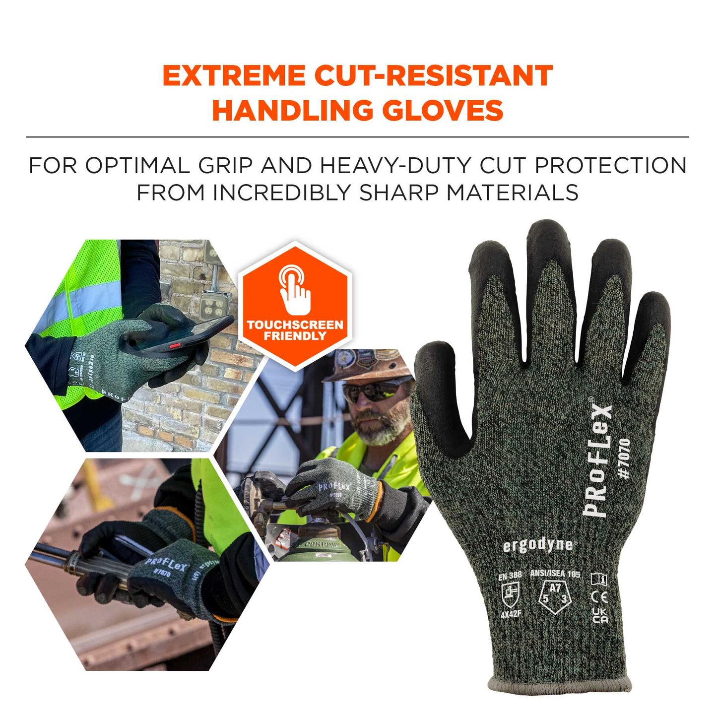 Ergodyne 18032 ProFlex 7070 Nitrile Coated Cut-Resistant Gloves - ANSI A7, EN388: 4X42F, 13g, Heat Resistant