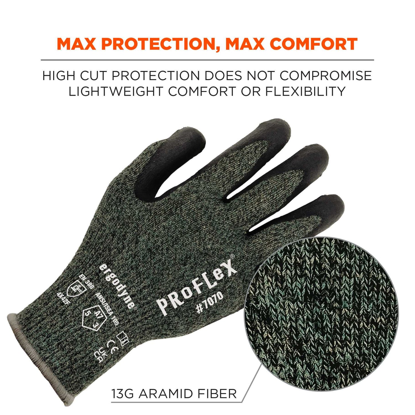 Ergodyne 18032 ProFlex 7070 Nitrile Coated Cut-Resistant Gloves - ANSI A7, EN388: 4X42F, 13g, Heat Resistant