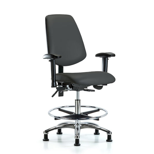 Blue Ridge Ergonomics VMBCH-MB-CR-T1-A1-CF-RG-8605 Rutledge Vinyl Chair Chrome - Medium Bench Height with Medium Back, Seat Tilt, Adjustable Arms, Chrome Foot Ring, & Stationary Glides in Charcoal Trailblazer™ Vinyl