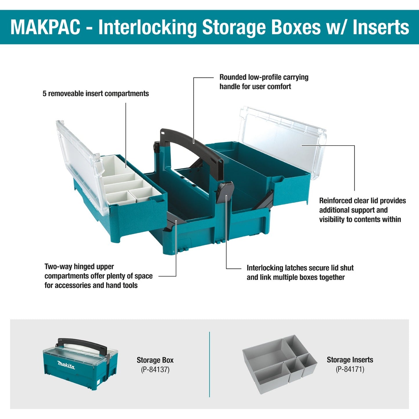 Makita P-84137 MAKPAC Interlocking Storage Box with Inserts, 6‘1/2" x 15‘1/4" x 11‘5/8"