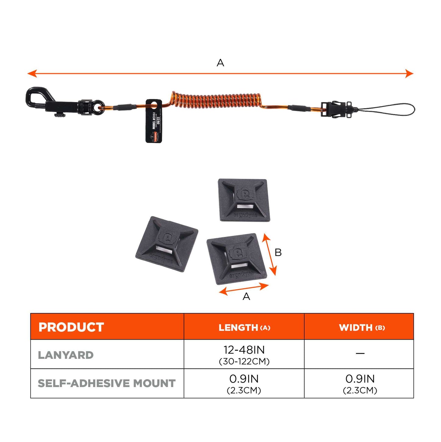 Ergodyne 19160 Squids 3151 Coil Lanyard Swivel Hook and Detachable Loop plus Mini Adhesive Mount - 2lb / 0.9kg