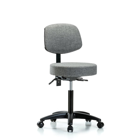 Blue Ridge Ergonomics FMBST-RT-T1-RC-F44 Rutledge Fabric Stool with Back - Medium Bench Height with Round Tube Base, Seat Tilt, & Casters in Gray Fabric