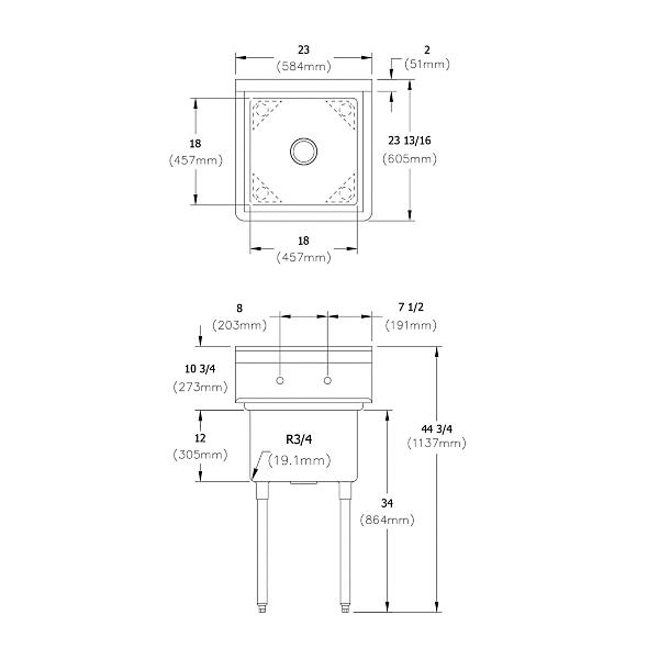 Elkay 1C18X18-0X Dependabilt Stainless Steel 23" x 23-13/16" x 44-3/4" 16 Gauge One Compartment Sink with Stainless Steel Legs