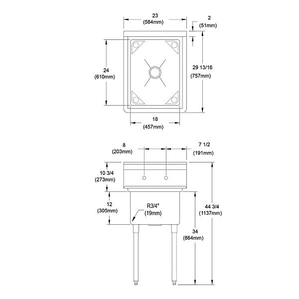 Elkay 1C18X24-0X Dependabilt Stainless Steel 23" x 29-13/16" x 44-3/4" 16 Gauge One Compartment Sink with Stainless Steel Legs