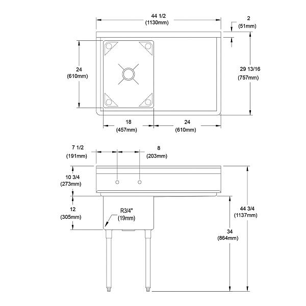 Elkay 1C18X24-R-24X Dependabilt Stainless Steel 44-1/2" x 29-13/16" x 44-3/4" 16 Gauge One Compartment Sink w/24" Right Drainboard and Stainless Steel Legs