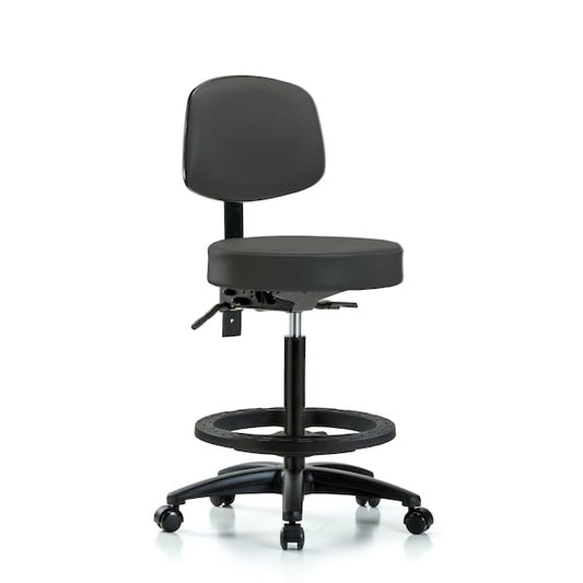 Blue Ridge Ergonomics VHBST-RG-T0-BF-RC-8605 Rutledge Vinyl Stool with Back - High Bench Height with Black Foot Ring & Casters in Charcoal Trailblazer™ Vinyl
