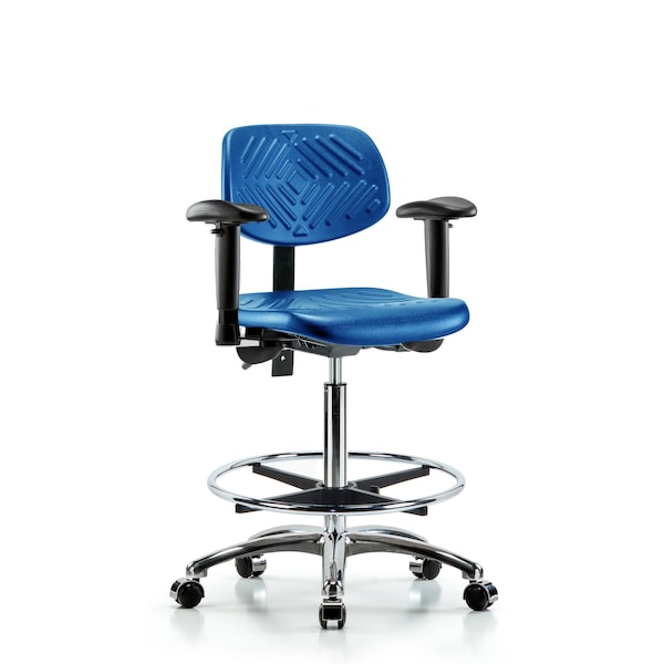 Blue Ridge Ergonomics PHBCH-CR-T1-A1-CF-CC-BLU Polyurethane Chair Chrome - High Bench Height with Seat Tilt, Adjustable Arms, Chrome Foot Ring, & Casters in Blue Polyurethane