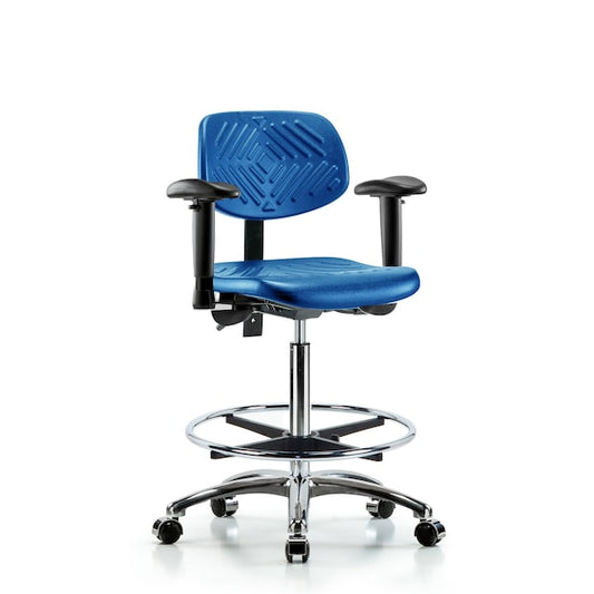 Blue Ridge Ergonomics PHBCH-CR-T1-A1-CF-CC-BLU Polyurethane Chair Chrome - High Bench Height with Seat Tilt, Adjustable Arms, Chrome Foot Ring, & Casters in Blue Polyurethane