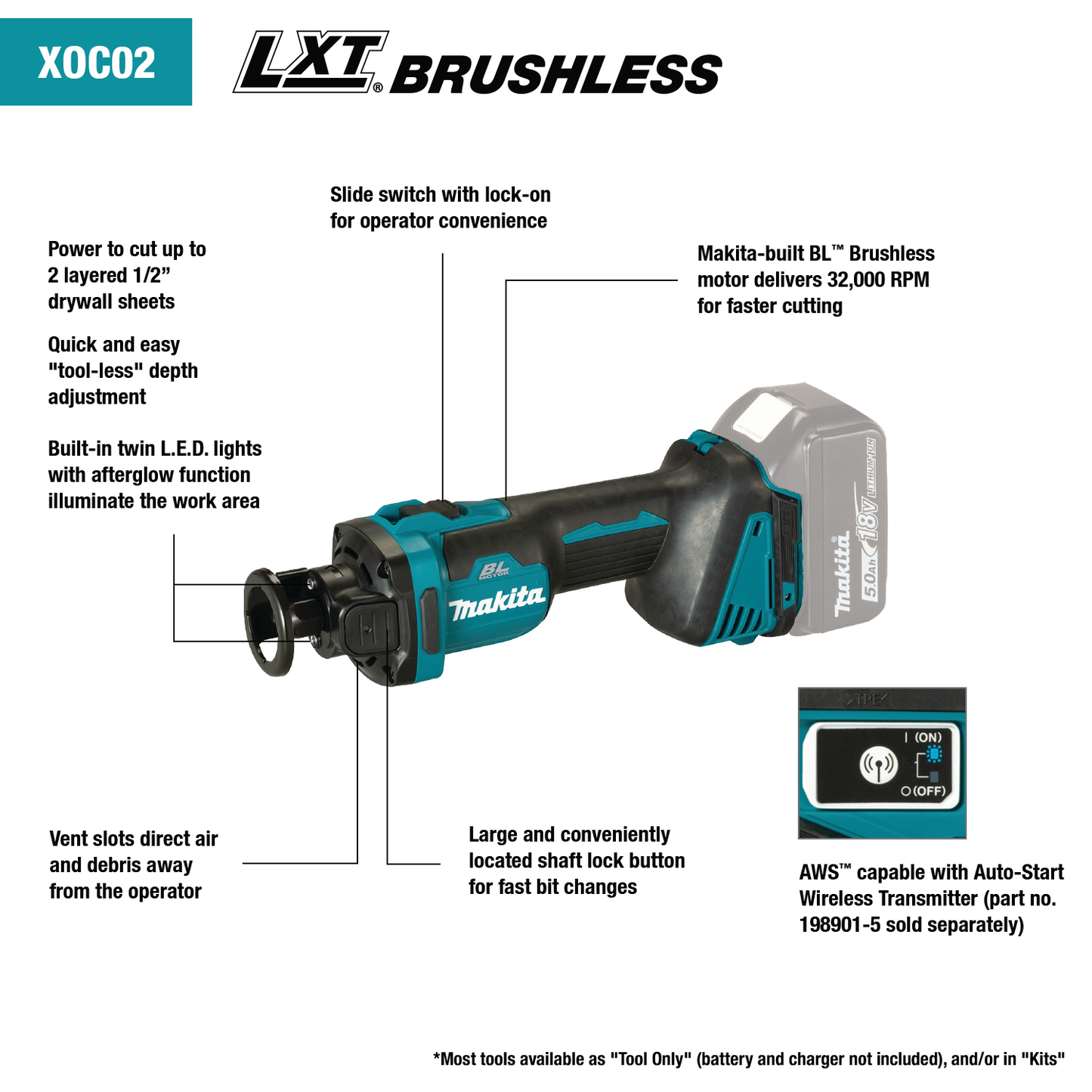 Makita XOC02Z 18V LXT® Lithium‘Ion Brushless Cordless Cut‘Out Tool, AWS® Capable, Tool Only