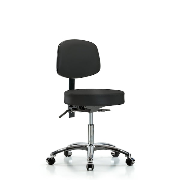 Blue Ridge Ergonomics VDHST-CR-T0-CC-8540 Rutledge Vinyl Stool with Back Chrome - Desk Height with Casters in Black Trailblazer™ Vinyl