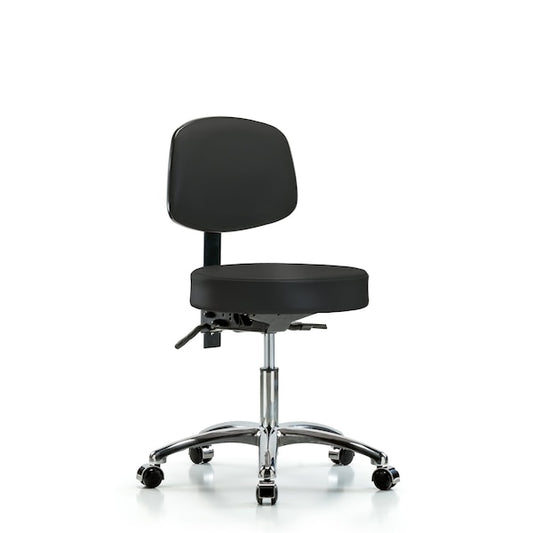 Blue Ridge Ergonomics VDHST-CR-T0-CC-8540 Rutledge Vinyl Stool with Back Chrome - Desk Height with Casters in Black Trailblazer™ Vinyl