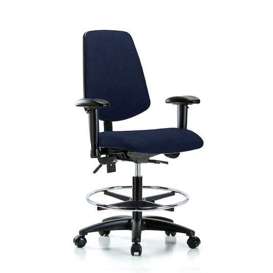 Blue Ridge Ergonomics FMBCH-MB-RG-T0-A1-CF-RC-F45 Rutledge Fabric Chair - Medium Bench Height with Medium Back, Adjustable Arms, Chrome Foot Ring, & Casters in Navy Fabric