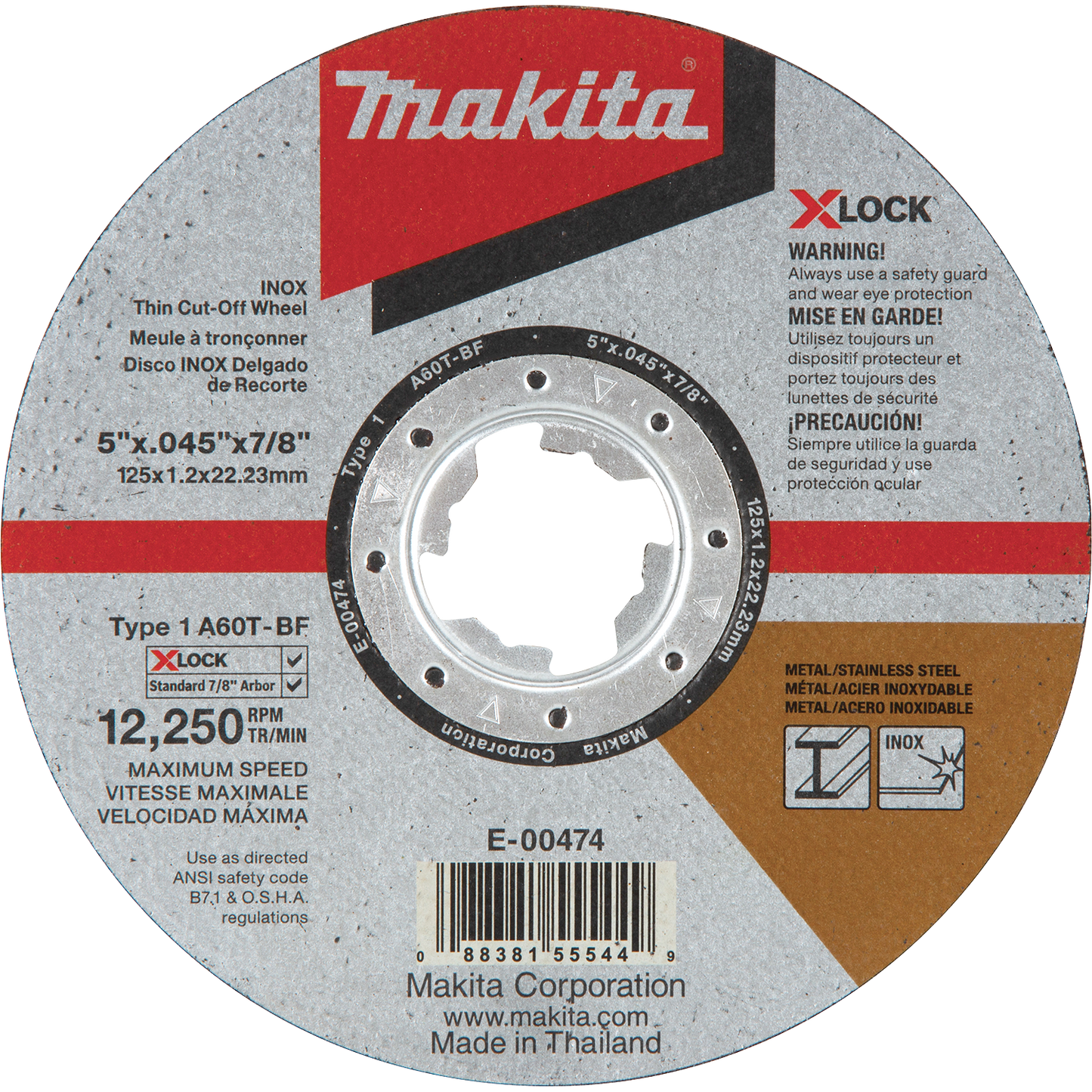 Makita E-00474 X‘LOCK 5" x .045" x 7/8" Type 1 General Purpose 60 Grit Thin Cut‘Off Wheel for Metal and Stainless Steel Cutting