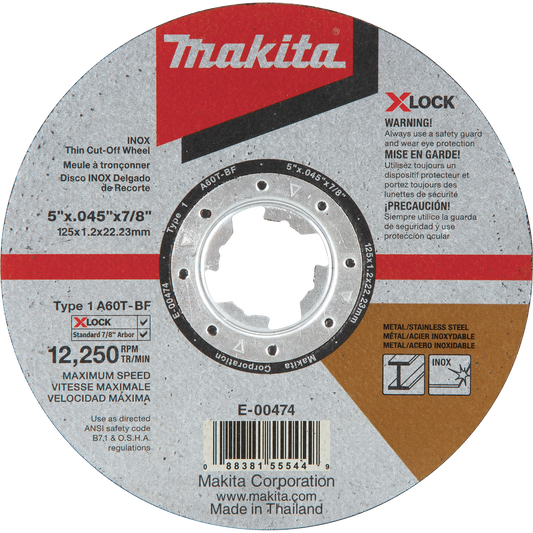 Makita E-00474 X‘LOCK 5" x .045" x 7/8" Type 1 General Purpose 60 Grit Thin Cut‘Off Wheel for Metal and Stainless Steel Cutting