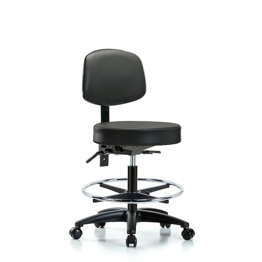 Blue Ridge Ergonomics VMBST-RG-T0-CF-RC-8823 Rutledge Vinyl Stool with Back - Medium Bench Height with Chrome Foot Ring & Casters in Carbon Supernova™ Vinyl