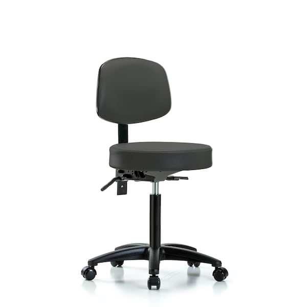 Blue Ridge Ergonomics VMBST-RG-T0-NF-RC-8605 Rutledge Vinyl Stool with Back - Medium Bench Height with Casters in Charcoal Trailblazer™ Vinyl