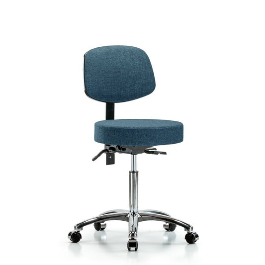 Blue Ridge Ergonomics FMBST-CR-T1-NF-CC-F43 Rutledge Fabric Stool with Back Chrome - Medium Bench Height with Seat Tilt & Casters in Blue Fabric