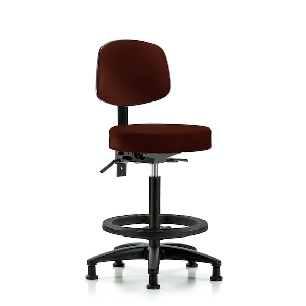 Blue Ridge Ergonomics VHBST-RG-T0-BF-RG-8569 Rutledge Vinyl Stool with Back - High Bench Height with Black Foot Ring & Stationary Glides in Burgundy Trailblazer™ Vinyl