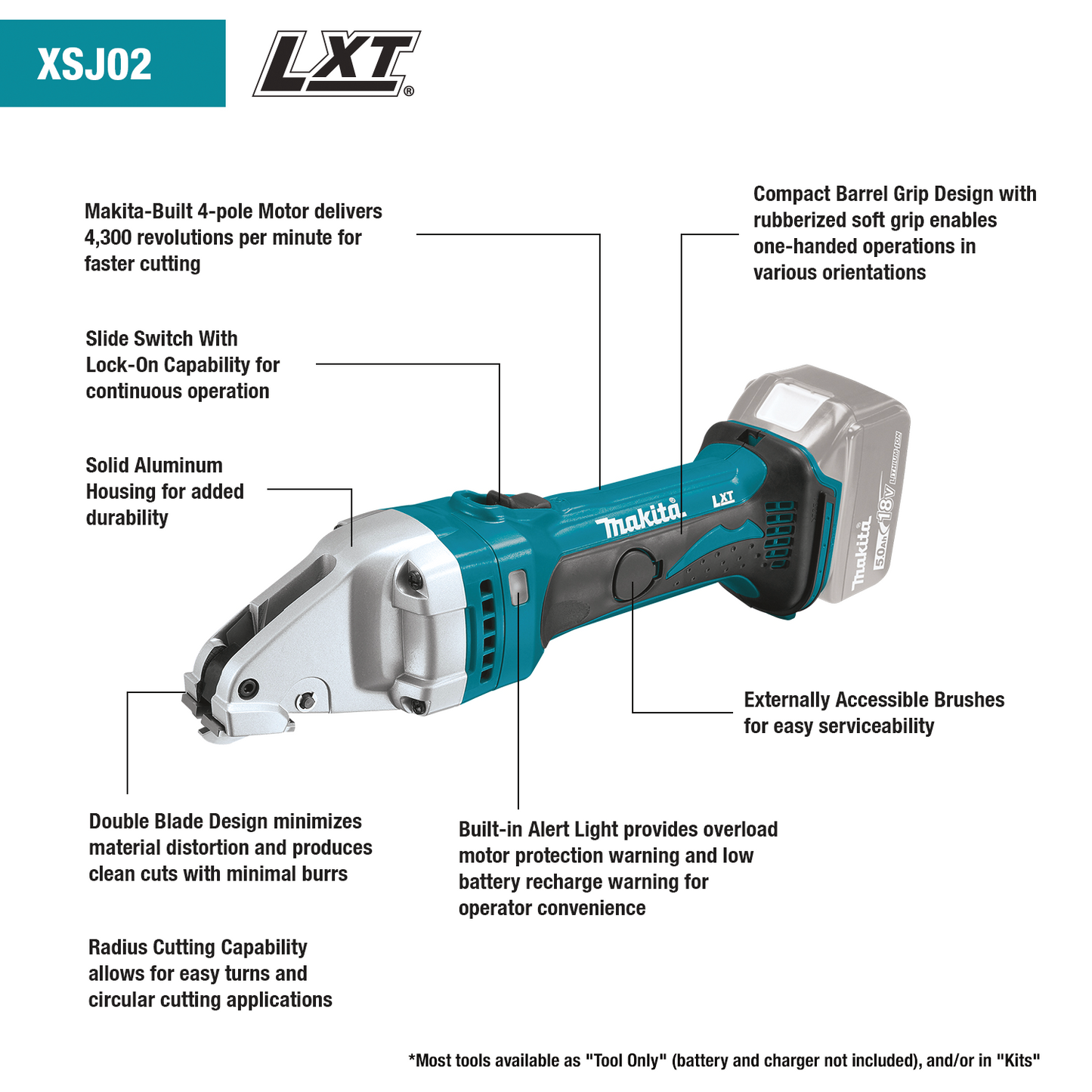 Makita XSJ02Z 18V LXT® Lithium‘Ion Cordless 16 Gauge Compact Straight Shear, Tool Only