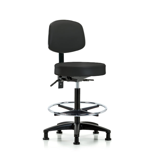 Blue Ridge Ergonomics VHBST-RG-T1-CF-RG-8540 Rutledge Vinyl Stool with Back - High Bench Height with Seat Tilt, Chrome Foot Ring, & Stationary Glides in Black Trailblazer™ Vinyl