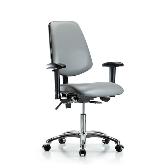 Blue Ridge Ergonomics VDHCH-MB-CR-T0-A1-CC-8840 Rutledge Vinyl Chair Chrome - Desk Height with Medium Back, Adjustable Arms, & Casters in Sterling Supernova™ Vinyl