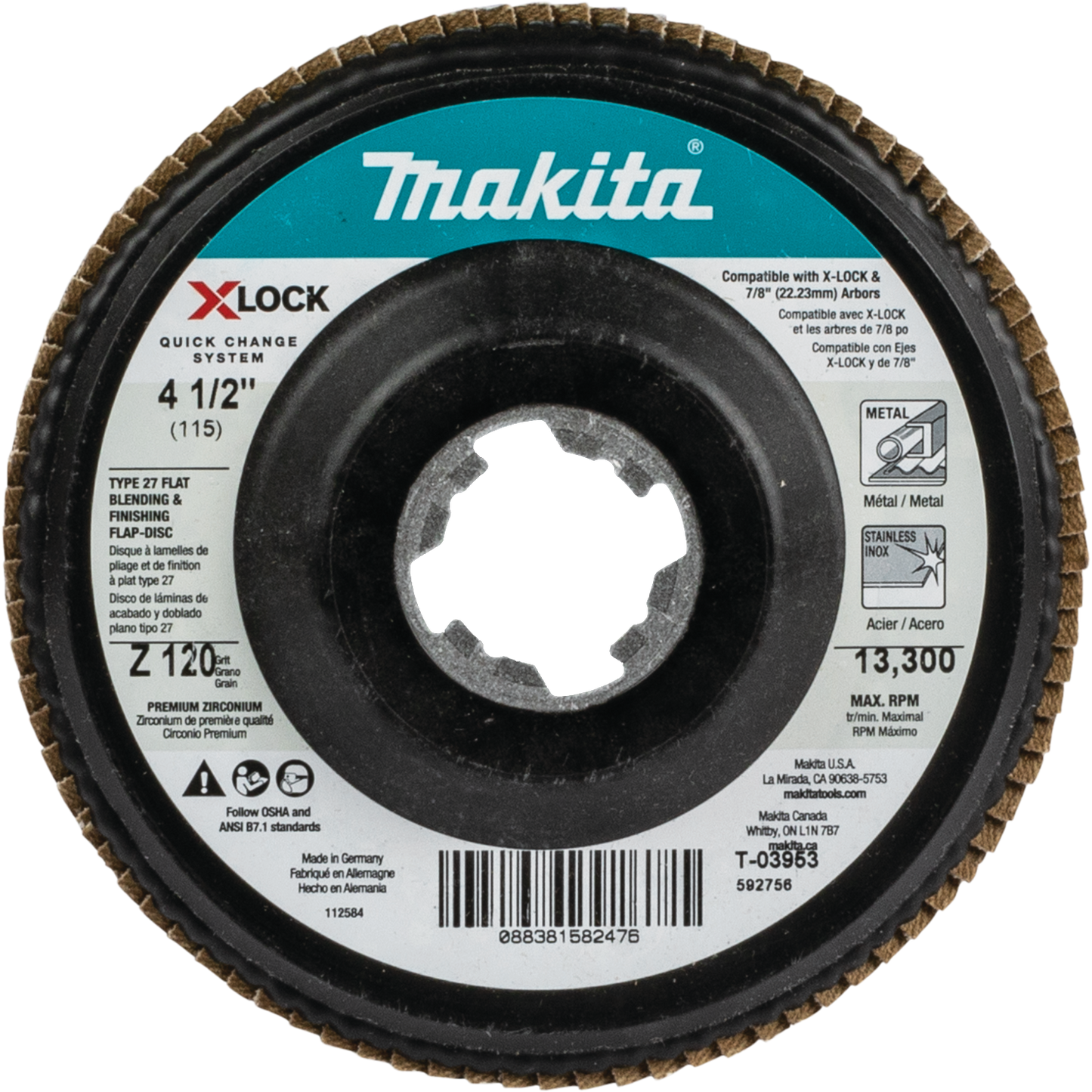 Makita T-03953 X‘LOCK 4‘1/2" 120 Grit Type 27 Flat Blending and Finishing Flap Disc for X‘LOCK and All 7/8" Arbor Grinders