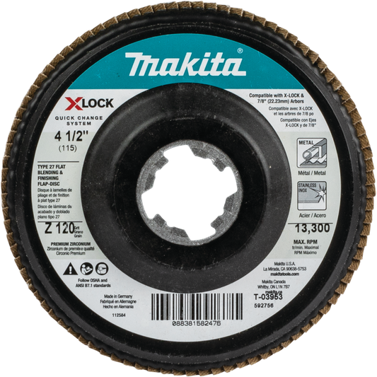 Makita T-03953 X‘LOCK 4‘1/2" 120 Grit Type 27 Flat Blending and Finishing Flap Disc for X‘LOCK and All 7/8" Arbor Grinders