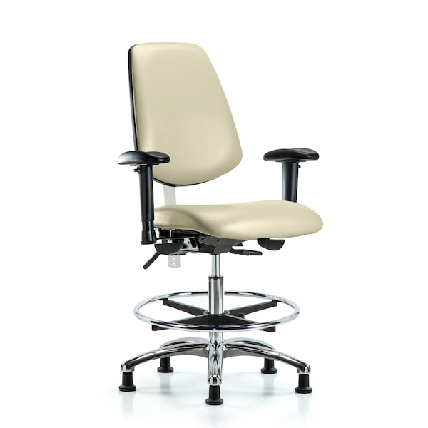 Blue Ridge Ergonomics NCR-VMBCH-MB-CR-T0-A1-CF-RG-8501 Class 100 Vinyl Clean Room Chair - Medium Bench Height with Medium Back, Adjustable Arms, Chrome Foot Ring, & Stationary Glides in Adobe White Trailblazer™ Vinyl