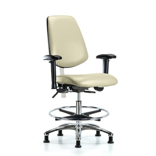 Blue Ridge Ergonomics NCR-VMBCH-MB-CR-T0-A1-CF-RG-8501 Class 100 Vinyl Clean Room Chair - Medium Bench Height with Medium Back, Adjustable Arms, Chrome Foot Ring, & Stationary Glides in Adobe White Trailblazer™ Vinyl