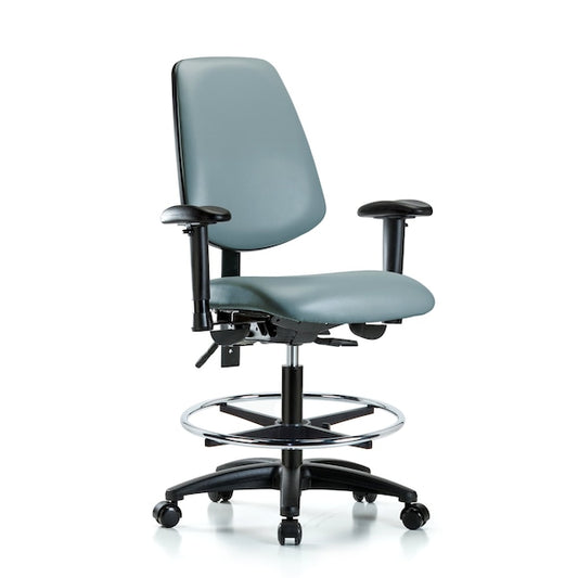 Blue Ridge Ergonomics VMBCH-MB-RG-T0-A1-CF-RC-8822 Rutledge Vinyl Chair - Medium Bench Height with Medium Back, Adjustable Arms, Chrome Foot Ring, & Casters in Storm Supernova™ Vinyl