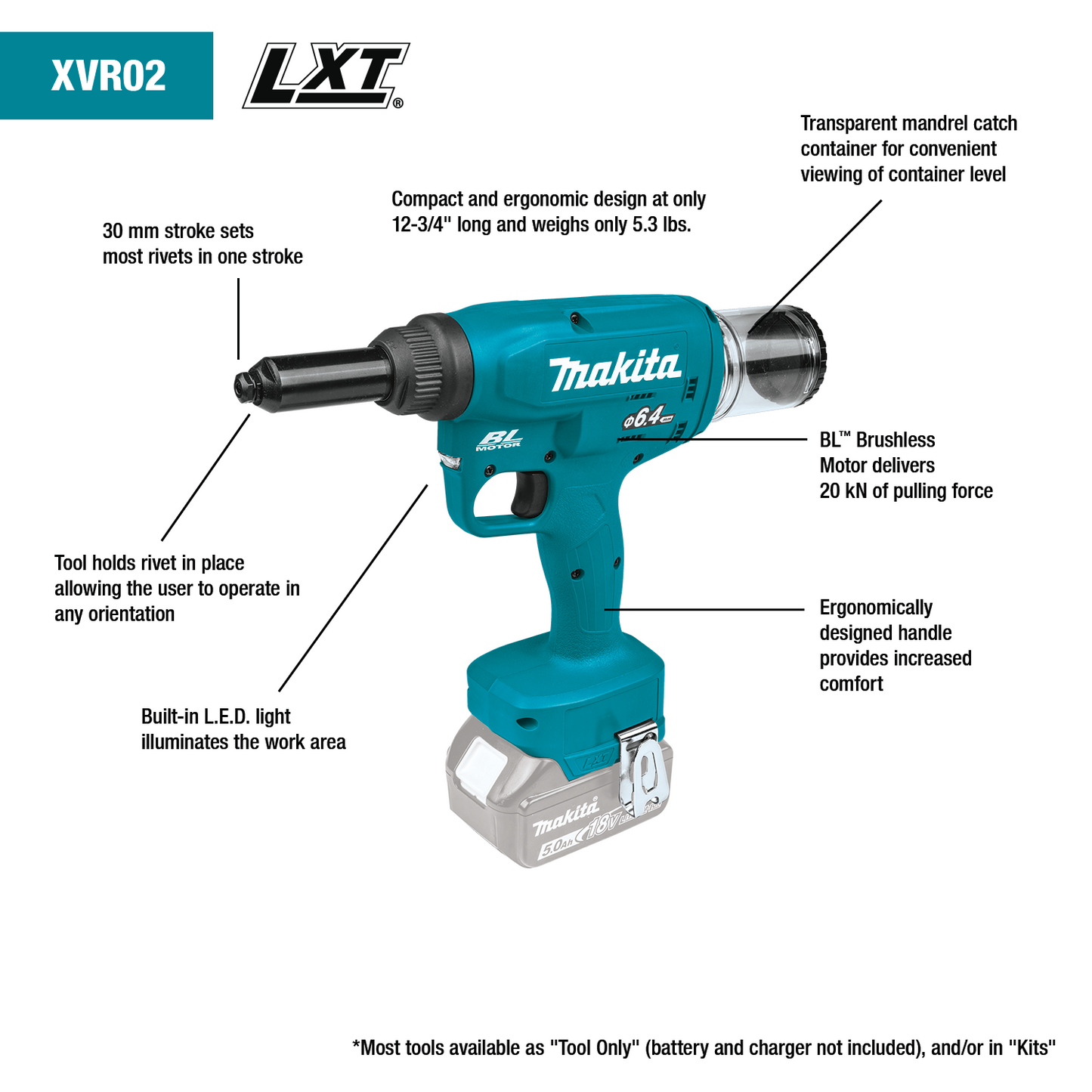 Makita XVR02Z 18V LXT® Lithium‘Ion Brushless Cordless Rivet Tool, Tool Only