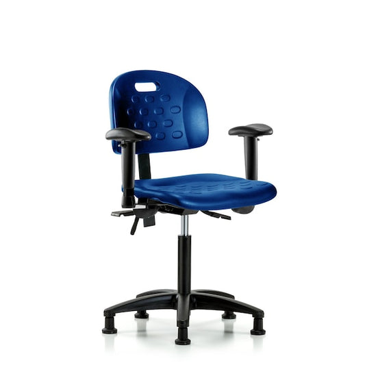 Blue Ridge Ergonomics HPMBCH-RG-T0-A1-NF-RG-BLU Newport Industrial Polyurethane Chair - Medium Bench Height with Adjustable Arms & Stationary Glides in Blue Polyurethane