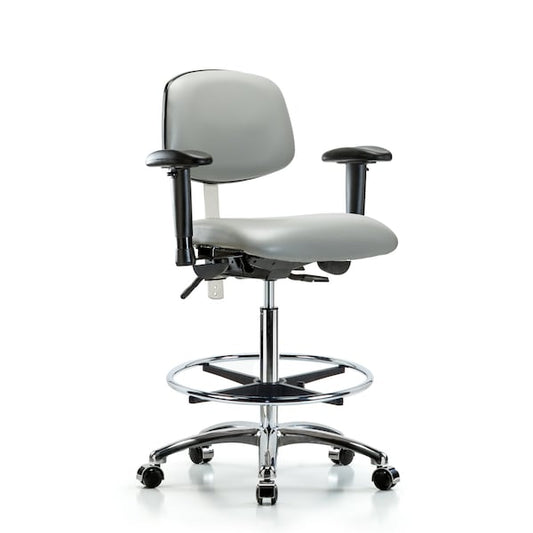 Blue Ridge Ergonomics VHBCH-CR-T1-A1-CF-CC-8567 Rutledge Vinyl Chair Chrome - High Bench Height with Seat Tilt, Adjustable Arms, Chrome Foot Ring, & Casters in Dove Trailblazer™ Vinyl